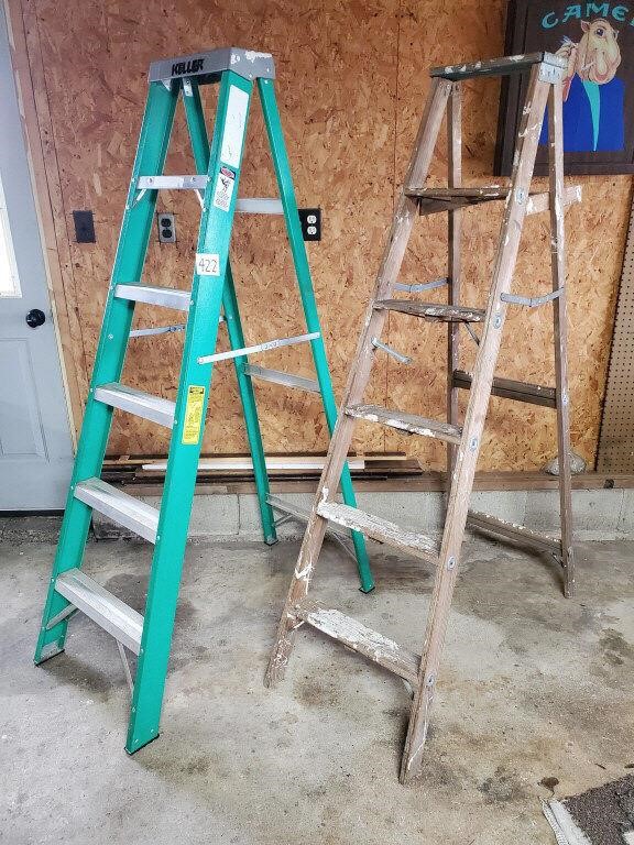 Fiberglass and wooden step ladders