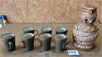 Owl cookie jar and coffee mugs