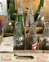 Vintage crate w/ bottles; crush & more