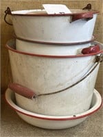 Vintage enamel-ware pots w/ wooden handles