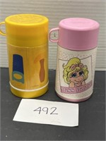 (2) vintage thermos; miss piggy / tools
