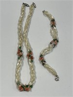 MOTHER OF PEARL NECKLACE & BRACELET W/CORAL & JADE