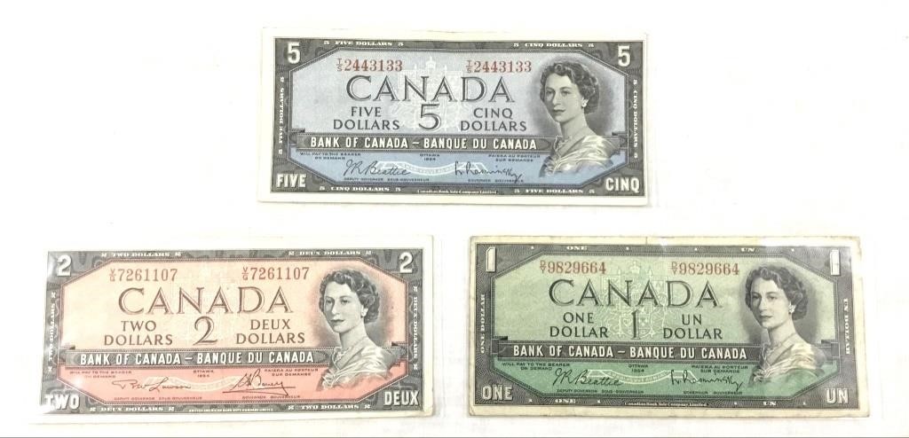 3 - 1954 Canadian bank notes.