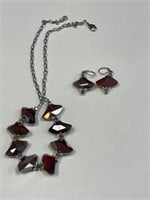 SILVERTONE & RED IRRIDESCENT GLASS NECKLACE SET