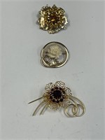 LOT OF 3 FLORAL RHINESTONE BROOCHES