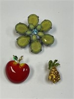 LOT OF 3 BROOCHES PEAR, APPLE & FLOWER