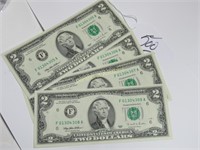 LOT OF 4 BANK NOTES $2 CONSECUTIVE NUMBE