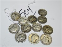 LOT OF 12 MERCURY DIMES CIRCULATED - 192