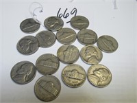 LOT OF 15 JEFFERSON 5 CENT CIRC COINS 19