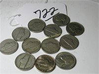 LOT OF 12 JEFFERSON 5 CENT COINS 1949 D&
