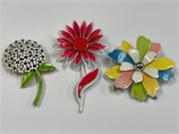 LOT OF 3 PAINTED FLOWER BROOCHES 1 SIGNED WEISS
