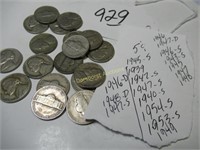 LOT OF 18 COINS 5 CENT 1940'S VARIOUS MI