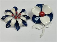 PAINTED RED, WHITE & BLUE FLOWER BROOCHES