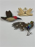 LOT OF 3 BIRD PINS ONE IS ENAMEL PAINTED WI/PEARLS