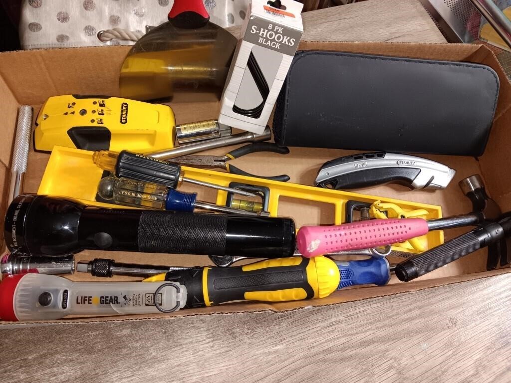 Box of tools, flashlight Wrenches screwdrivers
