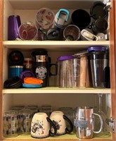 V - MIXED LOT OF GLASSWARE, MUGS, TRAVEL CUPS