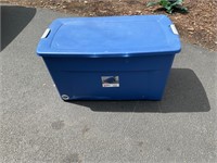 Blue 45 gallon tote with wheels