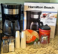 V - COFFEE MAKER W/ SUPPLIES, S&P SHAKERS (K123)