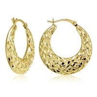 14K Gold Pl Sterling Diamond Cut Hoop Earrings
