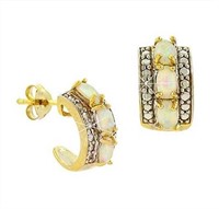 18K Gold Pl Silver Genuine Opal & Diamond Earrings