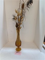 Amber Art Glass Vase and Feathers