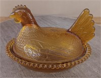 Vintage Indian Amber Glass Nesting Hen Dish