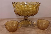 Vintage Amber Glass Stemmed Bowl w/ Cups