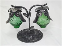 Vintage 3 Pcs. Metal & Green Hobnail Glass Owls