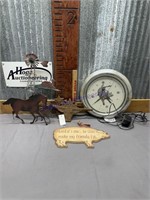 CAST IRON TEXAS LONG HORN, PRO RODEO NEON CLOCK