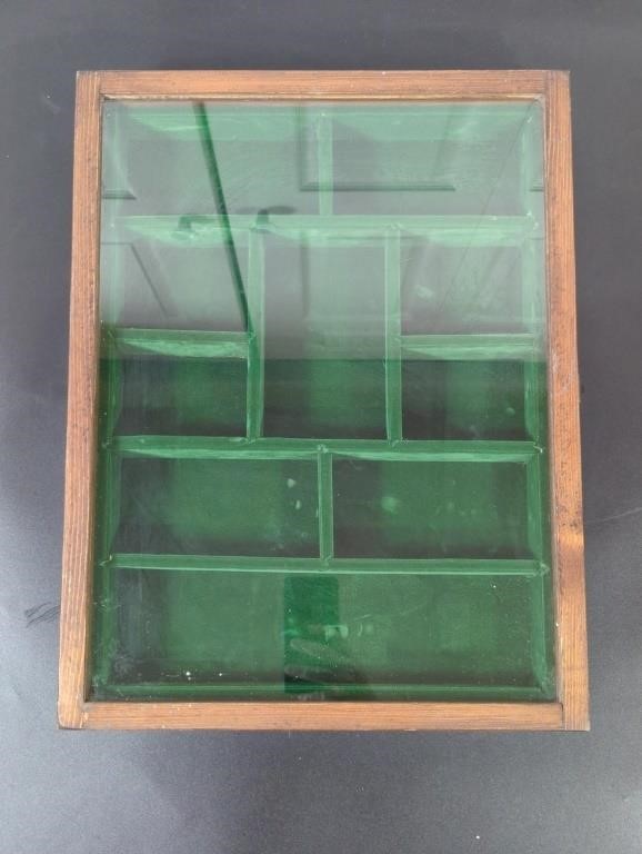 Vintage Wood Display Green Velvet, Glass Front