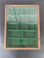 Vintage Wood Display Green Velvet, Glass Front