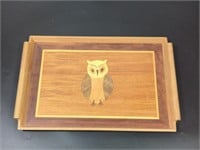 Mid Century Marquetry Inlay Wood Owl Tray 19.25"