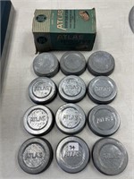 LOT OF 12 ATLAS WIDE MOUTH ZINC LIDS WITH BOX
