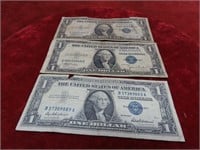 (3)$1 Dollar Silver Certificates US banknotes.