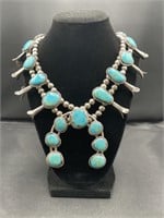 Vintage Navajo Squash Blossom Turquoise Necklace