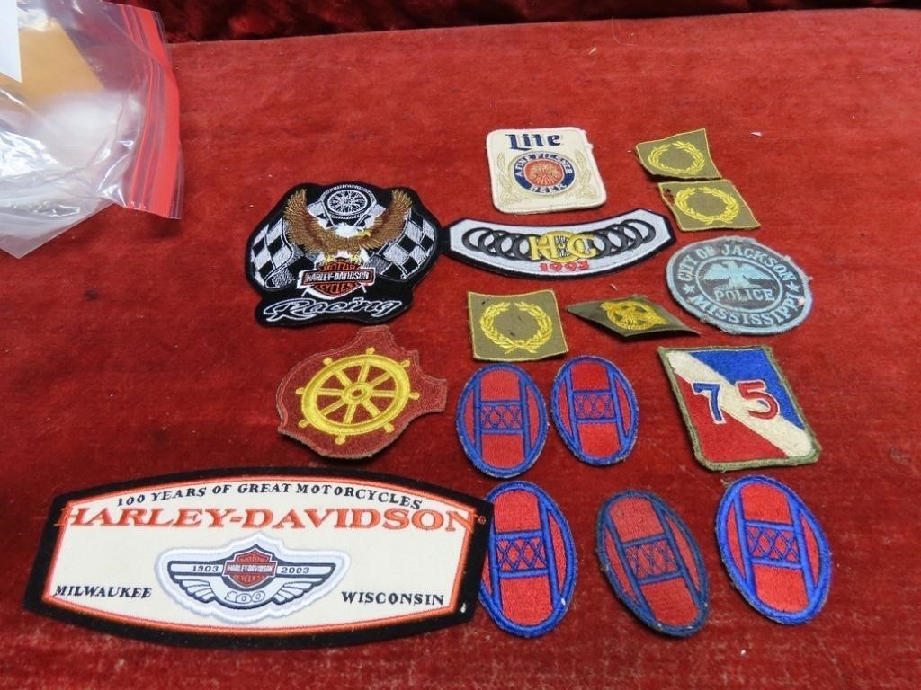 Military patches, Harley Davidson, Beer, Police.