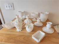 White Hobnail.  Candlestick holders. More.