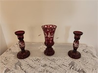 Egermann Red Bohemian Vase and Candlesticks