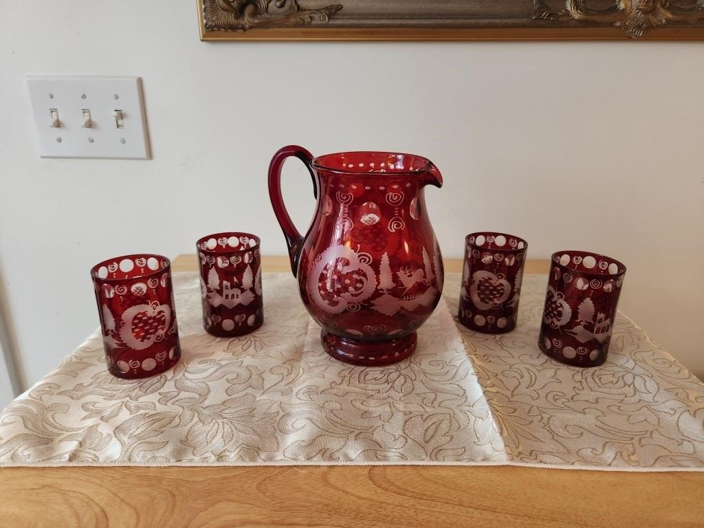 Egermann Czech Bohemian Red Glass. Pitcher and