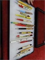 Showcase of advertising pens.