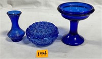 Vtg Cobalt Blue Glass Pieces Trinket Vase Compote