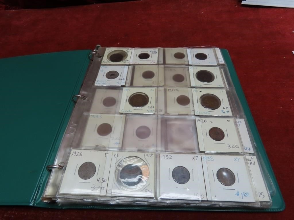 Book of US & foreign coins. Green folder.