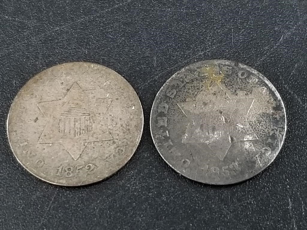 Two  three cent silver dimes: 1853 and 1852