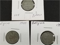 Three 1944 P Belgian 2 franc coins: minted by the