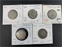 5 British silver Schillings: 1893, 1917, 1921, 192