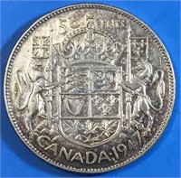 1947 50 Cents Silver - Maple Leaf Left Variety