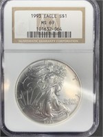 1993 Silver eagle, graded MS69 by NGC