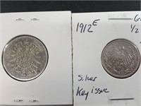 2 German Empire silver coins  1875 1 Mark, and 191