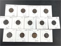 13 Astro-Hungarian 2 Heller coins, issued between