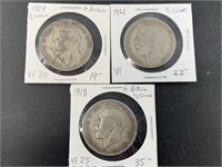 Three British silver Half crowns 1918 key date, 19